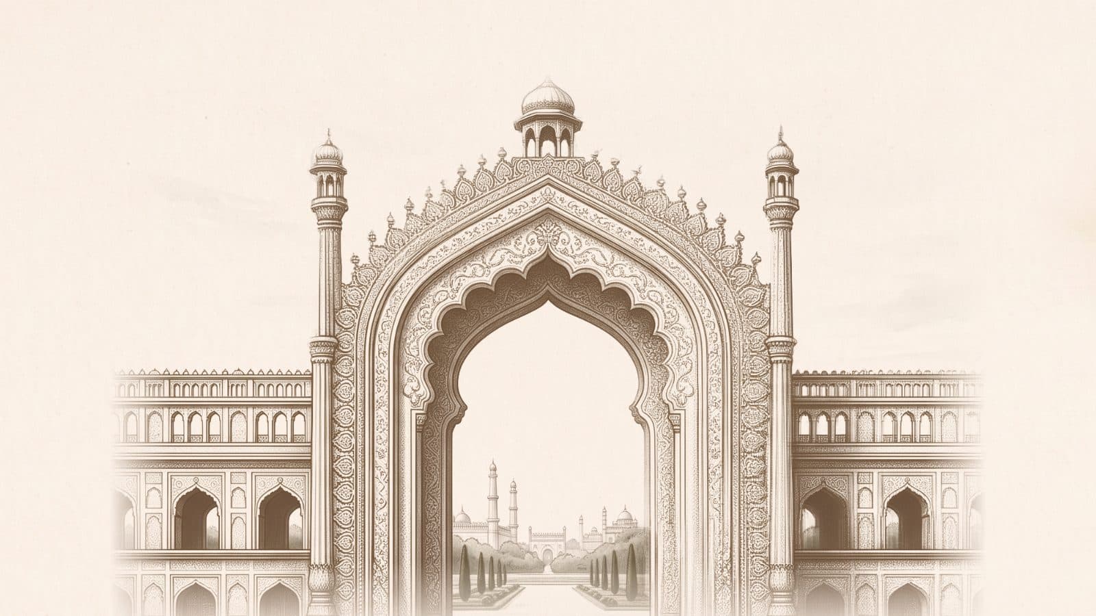 A detailed illustration of Lucknow’s Rumi Darwaza
