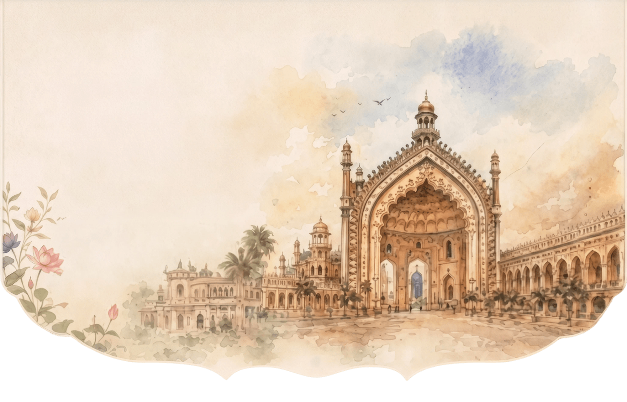 Watercolour painting of the Rumi Darwaza and the Husainabad courtyard in Lucknow